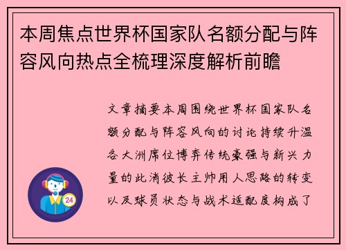 本周焦点世界杯国家队名额分配与阵容风向热点全梳理深度解析前瞻