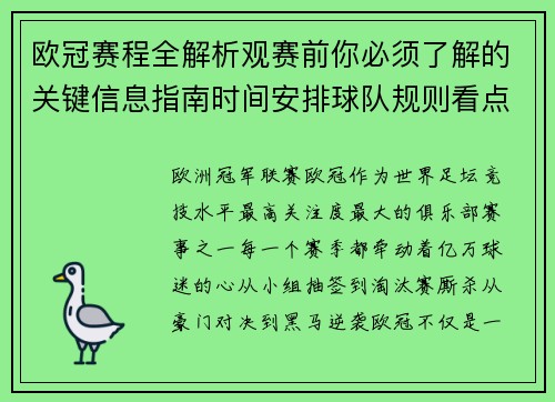 欧冠赛程全解析观赛前你必须了解的关键信息指南时间安排球队规则看点